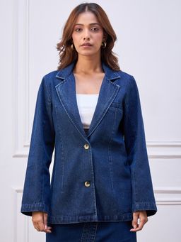 StyleStone - Women Navy Blue Denim Solid Blazer