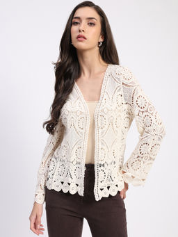 Global Republic - Women Beige Cotton Self Design Shrug