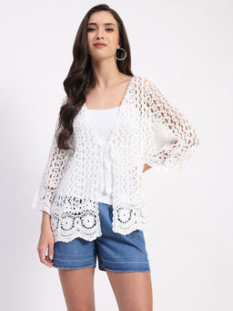 Global Republic - Women White Cotton Self Design Shrug