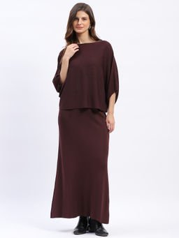 Global Republic - Acrylic Blend Solid Boat Neck Wine Co-Ord Set