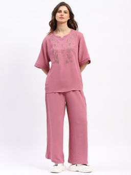 Global Republic - Viscose Blend Embroidered Round Neck Pink Co-Ord Set