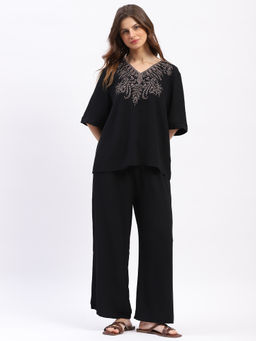 Global Republic - Viscose Blend Embroidered Round Neck Black Co-Ord Set