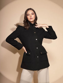 Global Republic - Women Black Woven Solid Overcoat