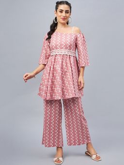 WineRed - Women One- Shoulder Chevron Print Pink Co-Ord Set