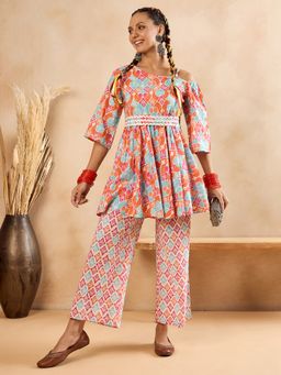 WineRed - Women One- Shoulder Geometric Print Orange Co-Ord Set