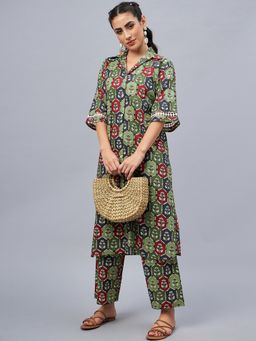 WineRed - Women Oversized Floral Print Sleeve Lace Green Co-Ord Set