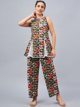 WineRed - Women Floral Print Schiffli Detailing Navy Blue Co-Ord Set