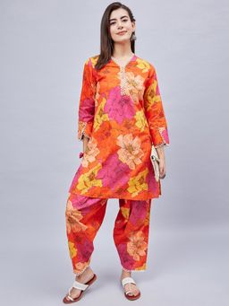 WineRed - Floral V-Neck Lace Detailing Orange and Co-Ord Set