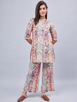 WineRed - Women Printed Front Placket Blue and Co-Ord Set