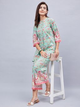WineRed - Women Printed Border Blue and Co-Ord Set