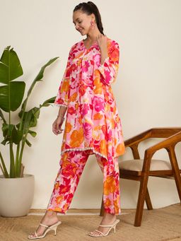 WineRed - Women Floral Print Scalloped Asymmetric Hem Pink Co-Ord Set