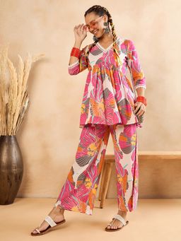 WineRed - Women Floral Print Naira-Cut Pink Co-Ord Set
