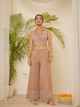 WineRed - Cotton Embroidered Wrap Top Brown Co-Ord Set