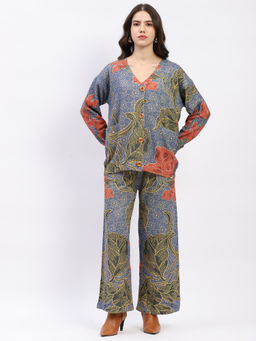 Global Republic - Polyester Floral Print V-Neck Blue Co-Ord Set