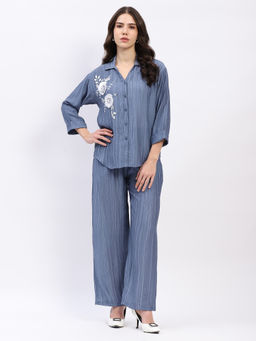 Global Republic - Viscose Embellished Spread Collar Blue Co-Ord Set