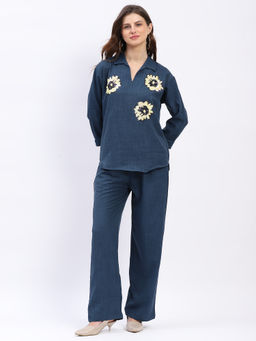 Global Republic - Cotton Blend Sequin Collar Blue Shirt with Pant Co-Ord Set