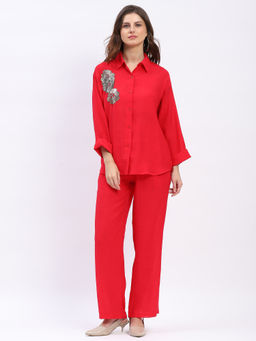 Global Republic - Polyester Embellished Spread Collar Red Shirt with Pant Co-Ord Set