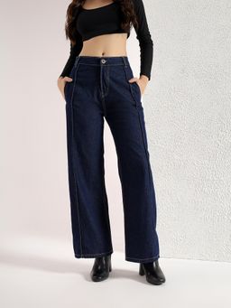 Kibo - Women Navy Blue Straight Fit Mid Waist Jeans