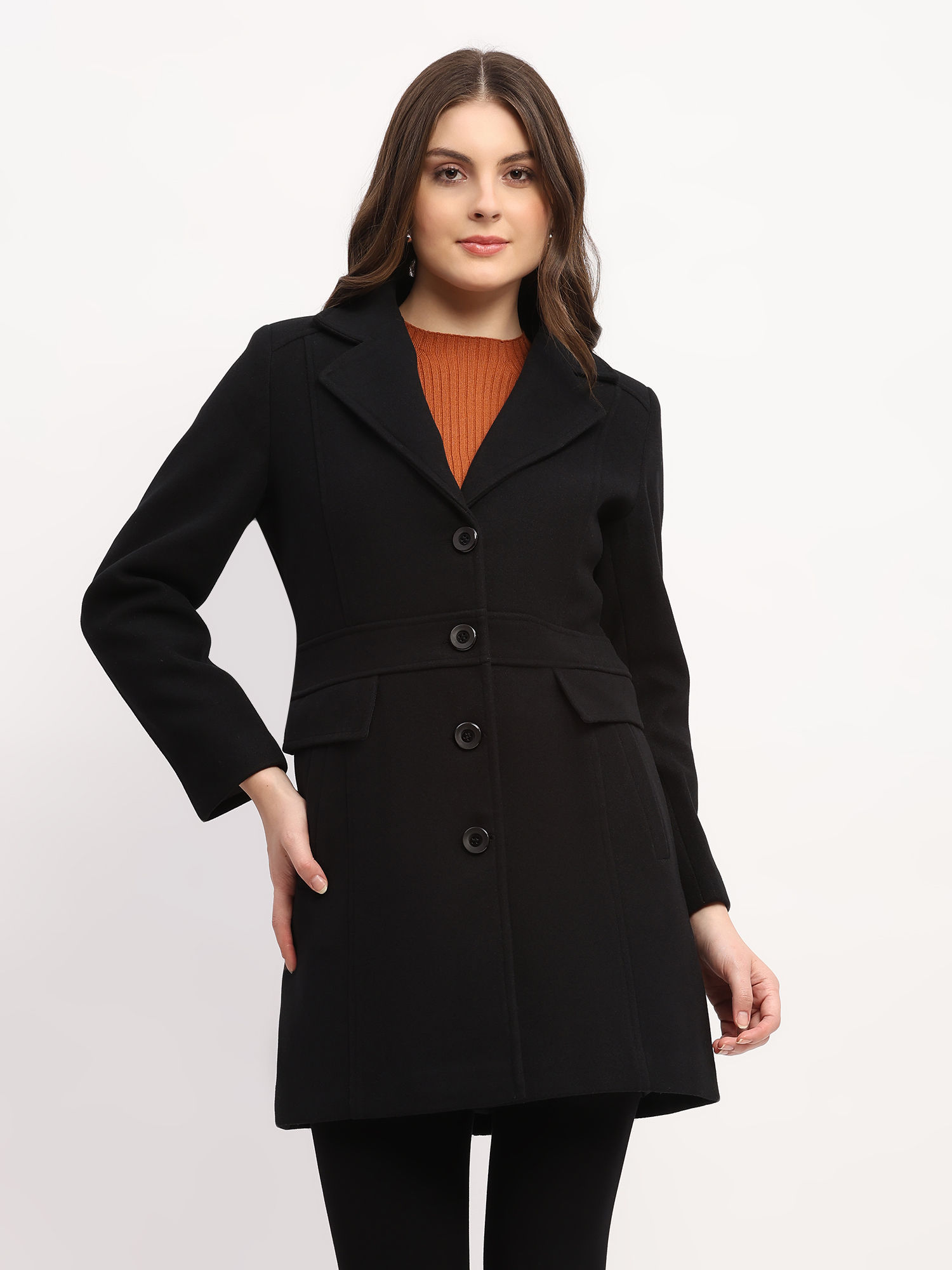 global republic Women Black Polyester Blend Solid Overcoat-picture-24