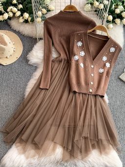 MISS MOSA BY AKANKSHA - Mayfair Woolen Brown Dress with Vest Top Co-Ord Set