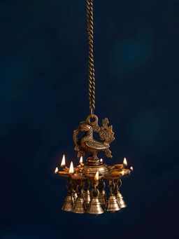 DecorTwist - Brass Peacock Diya Bell with Chain Wall Hanging