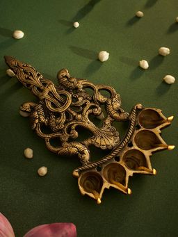 DecorTwist - Brass Pancha Deepam Peacock Oil Diya, Lamp With Handle