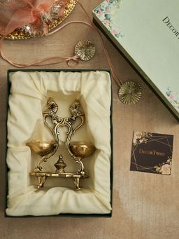 DecorTwist - Peacock Design Twin Oil Wick Brass Diya With Gift Box