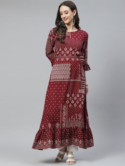 Divena - Maroon Rayon A-Line Kurta with Belt