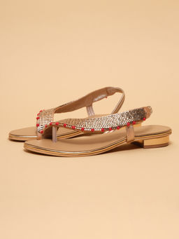 ERIDANI - Women Antique Rose Gold Embellished Toe-Ring Slingback Flats