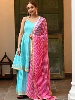 Lavanya The Label - Blue Leheriya Sharara (Set of 3)