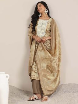 Libas - Brown Floral Printed Straight Kurta with Pant and Dupatta