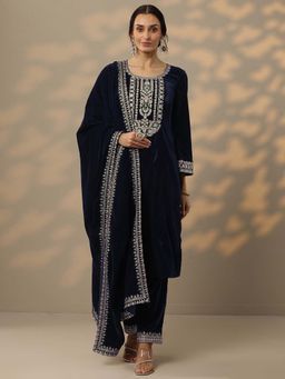Libas - Navy Blue Floral Embroidered Velvet Kurta with Pant and Dupatta