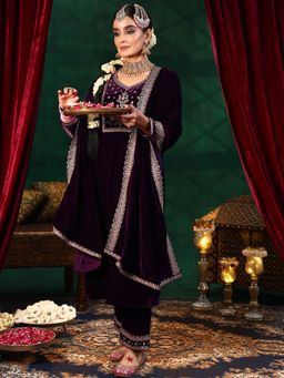 Libas - Wine Floral Embroidered Yoke Design Straight Kurta with Pant and Dupatta