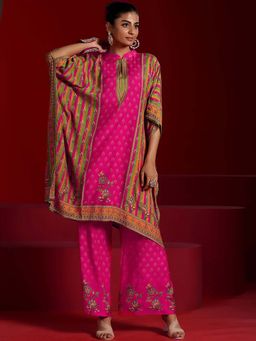 Libas Art - Pink Floral Printed Muslin Kaftan Kurta with Wide Leg Palazzo