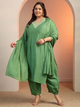Extra love by Libas - Plus Size Women Green Embroidered Straight Kurta with Solid Salwar and Dupatta