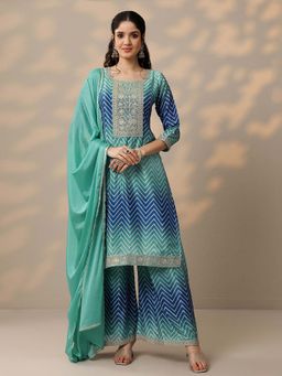 Libas - Blue Zigzag Printed Chinon Kurta with Palazzo and Dupatta