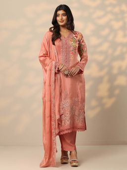 Libas Art - Peach Floral Printed Crepe Kurta with Pant and Dupatta