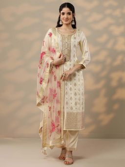 Libas - Off White Embroidered Silk Blend Kurta with Pant and Dupatta