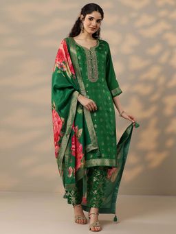 Libas - Green Embroidered Silk Blend Kurta with Pant and Dupatta