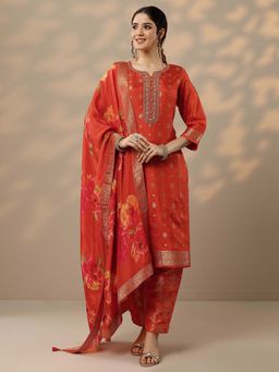 Libas - Rust Embroidered Silk Blend Kurta with Pant and Dupatta