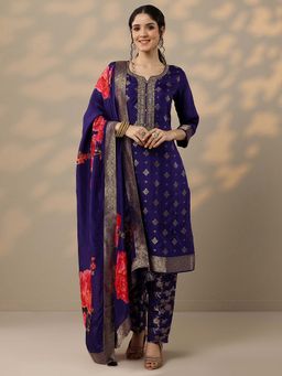 Libas - Purple Embroidered Silk Blend Kurta with Pant and Dupatta