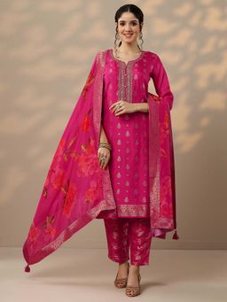 Libas - Magenta Embroidered Silk Blend Kurta with Pant and Dupatta