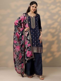 Libas - Navy Blue Embroidered Silk Blend Kurta with Palazzo and Dupatta