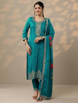 Libas - Blue Embroidered Printed Silk Blend Kurta with Pant and Dupatta