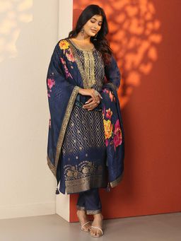 Libas - Navy Blue Printed Embroidered Kurta with Pant and Dupatta