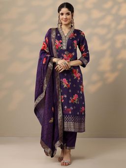 Libas - Purple Floral Printed Silk Blend Kurta with Pant and Dupatta