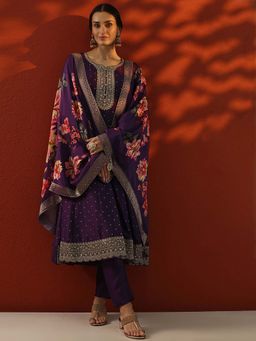 Libas - Purple Embroidered Printed Anarkali Kurta with Pant and Dupatta