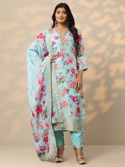 Libas - Blue Floral Printed Silk Blend Kurta with Pant and Dupatta