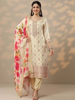 Libas - Cream Floral Woven Silk Blend Kurta with Pant and Dupatta