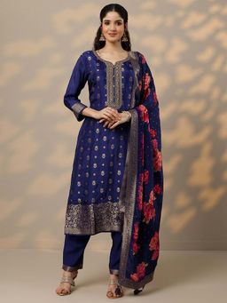 Libas - Navy Blue Floral Woven Silk Blend Kurta with Pant and Dupatta